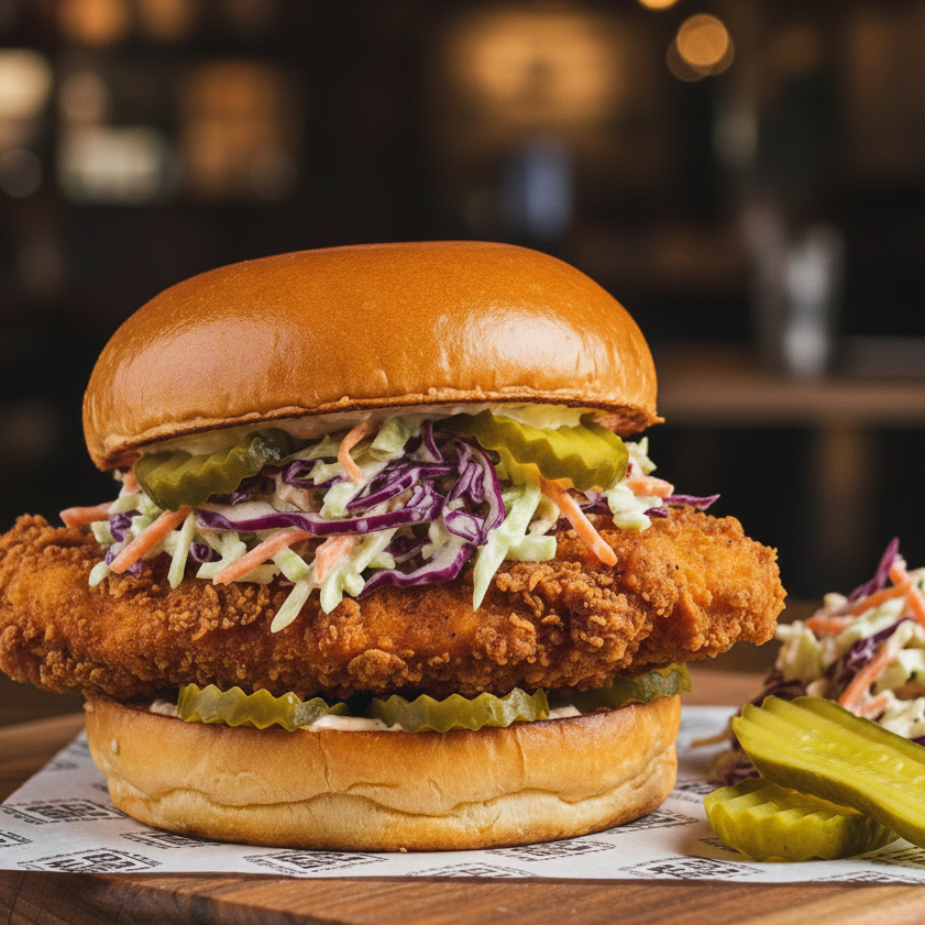 A delicious fried chicken sandwich topped with coleslaw and pickles, served on a shiny bun, accompanied by a side of pickles.