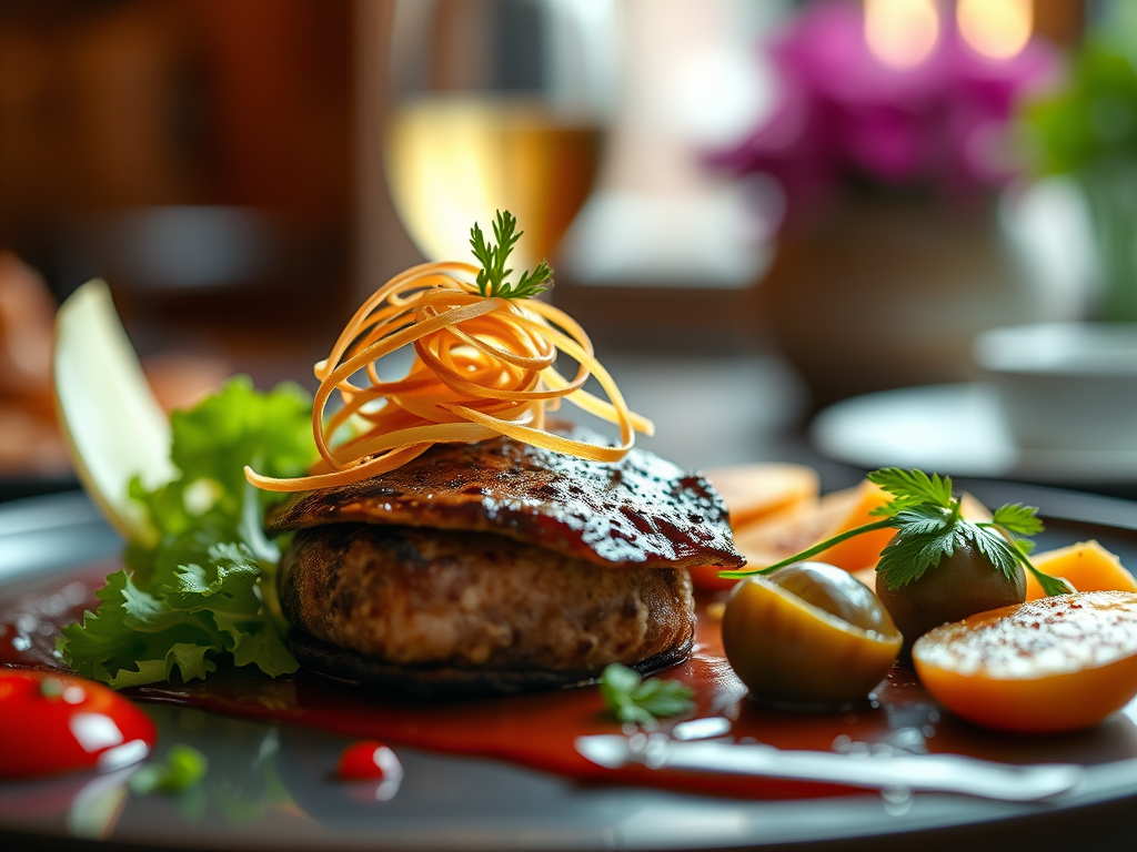 A beautifully plated gourmet dish featuring a grilled protein topped with spiralized vegetables, surrounded by fresh greens and garnishes, on a stylish black plate.